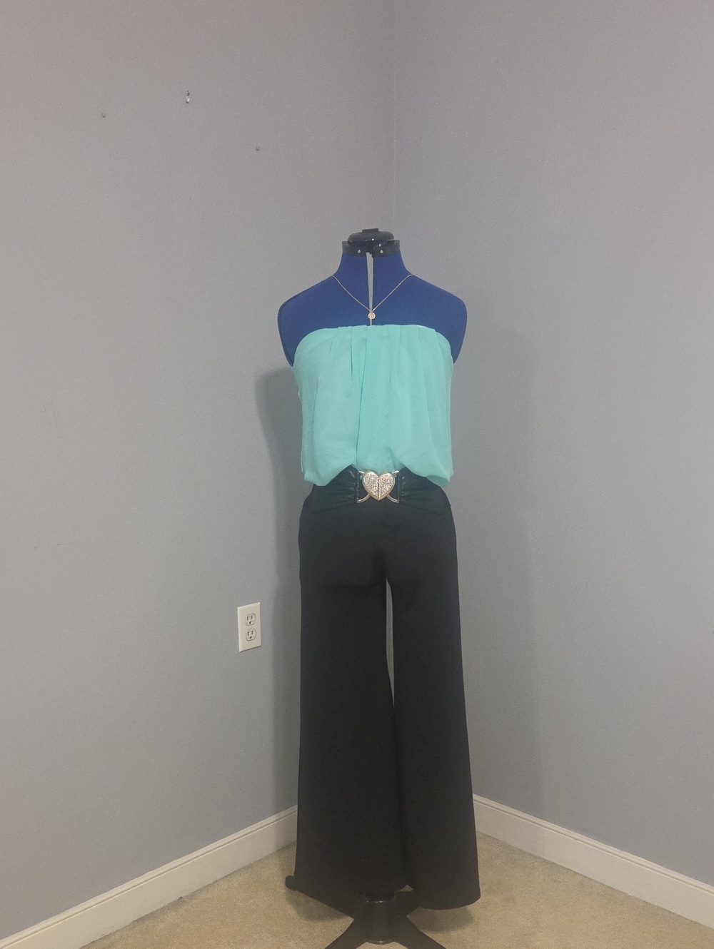 Body Central Teal Strapless Jumpsuit with Black Wide-Leg Pants